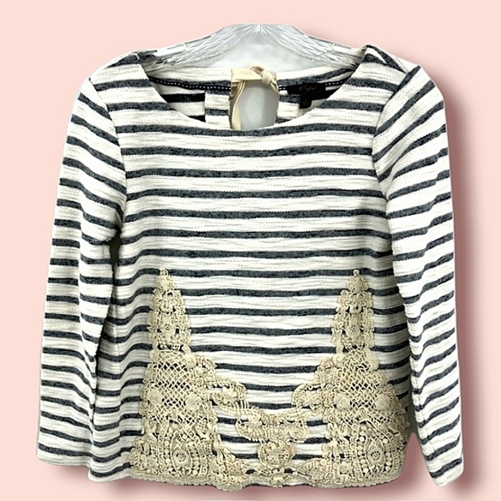 Cupio Women’s Blue White Striped Top W/ Crochet RN# 73163 Long Sleeve Lace